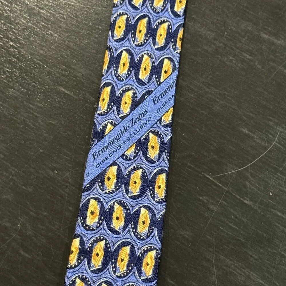 Ermenegildo Zegna Italian Silk Blue And Gold Geometric Mens Neck Tie